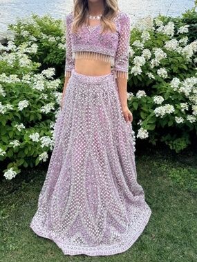 Lavender Lilac Lehenga 3 Piece Set Embroidered Beaded Indian Wedding Size S